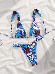 全新柔软印花系带宽肩带可爱派对比基尼套装，夏季海滩时尚女士泳装，蓝色 - 藍色 - 查看 2