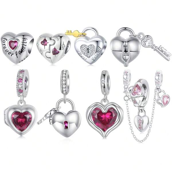 bamoer 1 PC 925 Sterling Silver Sweet Openable Red Heart Charms Love Pendant Key Bead Fit Bracelet Necklace DIY Jewelry Valentine Gift