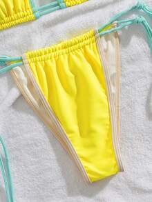 PEPPERMOLLY Contrast Binding Adjustable Strap Bikini Set, Ladies Fashion Swimwear For Beach, Yellow, For Summer Vacation - Yellow - View 5