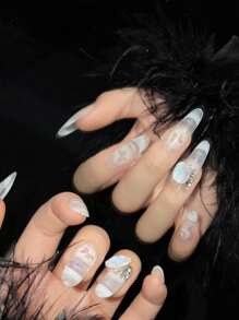 10pcs Handmade Oval Nail Art Stickers With Butterfly & Aurora Print, Cute, Sweet, Sexy, Ins & Y2K Style, Elegant Design Suitable For Ladies And Girls Press On Nails