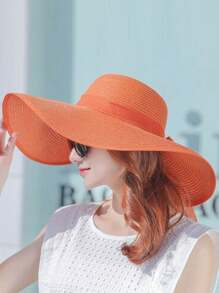 Women's Summer Sunscreen Hat, Beach Straw Hat, Korean Style Student Versatile Summer Ladies Fashionable Large Brim Sun Hat, Stylish Personalized Casual Bohemian Retro Street Elegant Polyester Bowknot Windproof UV Protection Cap, Spring/Summer - Hat - View 10