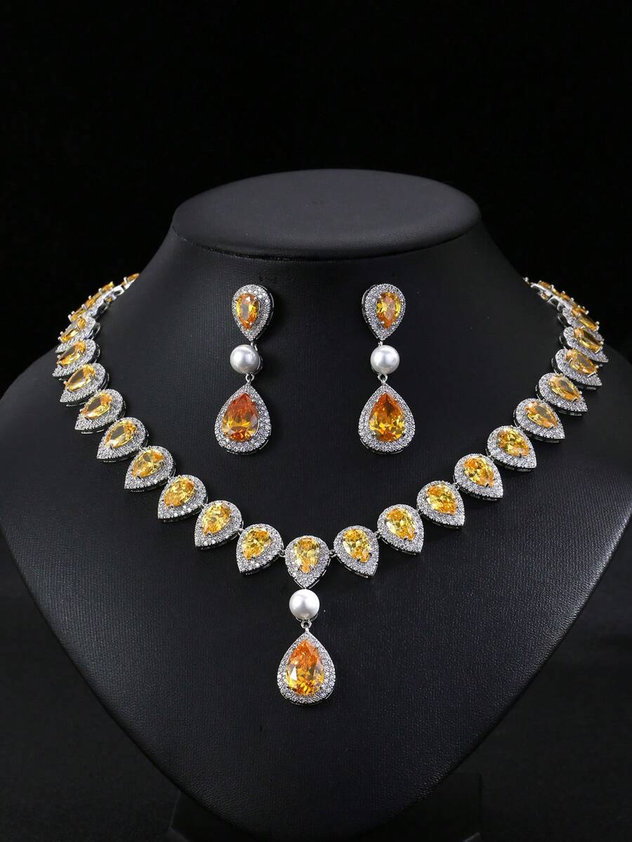 1 Set Of 3pcs Luxury Elegant Cubic Zirconia Necklace & Earrings Set, Bridal Wedding Party Dress Faux Pearl Jewelry Gift, Teardrop Decor For Women's Festive Wear