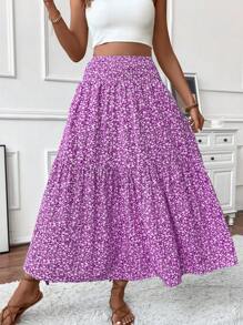 Women's Maxi Skirt Tiny Floral Casual Elastic Waist With Pockets Ruffled Hem Ladies Summer A-Line Long Skirts - Purple - View 5