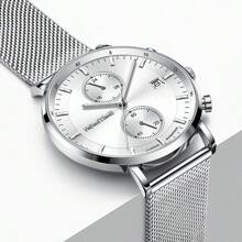 GUANQIN 1 pieza Reloj luminoso impermeable con cronógrafo, calendario, esfera, resistente al desgaste, correa de malla de acero inoxidable milanesa, moda negocios, lujoso, deportivo, clásico, sencillo, casual, estilo mecánico, hombres, automático, de cuarzo, adecuado para el Día de San Valentín, festivales, citas, negocios, regalos