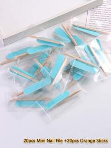 迷你指甲锉和橙木棒套装，适用于美甲贴片，20/50支迷你指甲锉套装，双面一次性指甲锉，木质角质层推棒，美甲修脚清洁工具