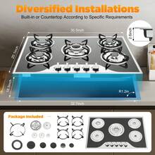 kangten Built In 5 Burner Cooktop Surface Gas Stove Burner Built In Tempered Glass Black - Black and Silver - View 2