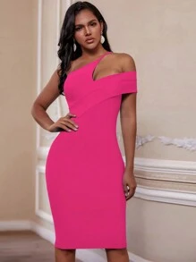 Abito midi aderente da donna elegante con un spalla scoperta, vestito fasciante sexy e alla moda, vestito cocktail fucsia per uscite serali e feste, abbigliamento estivo - Fucsia - Visualizzare 3