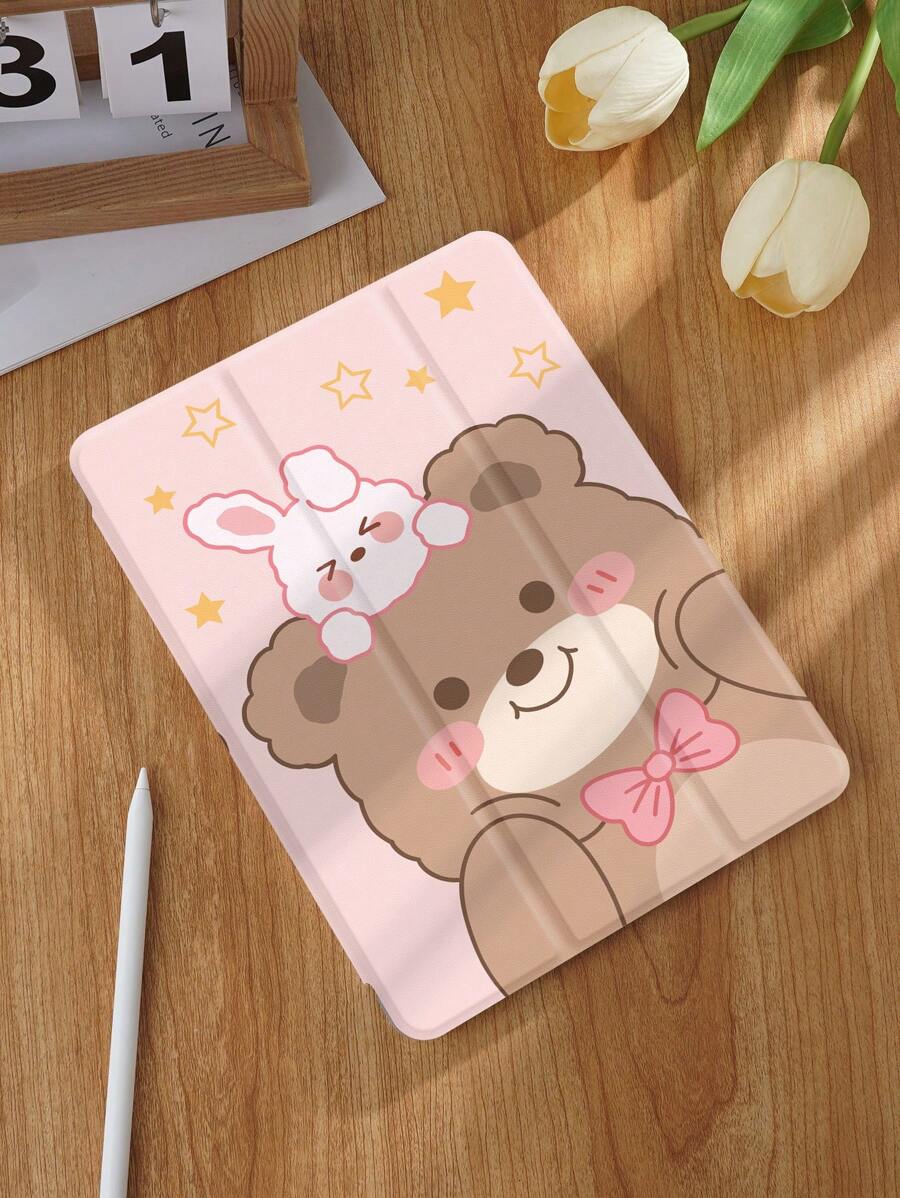 卡通熊和兔子图案平板电脑保护壳，兼容 iPad 9.7/10.2/10.5/10.9/12.9/Pro 11、Galaxy Tab S6 Lite 10.4 英寸、Tab 等，带笔槽/防摔/自动睡眠/唤醒