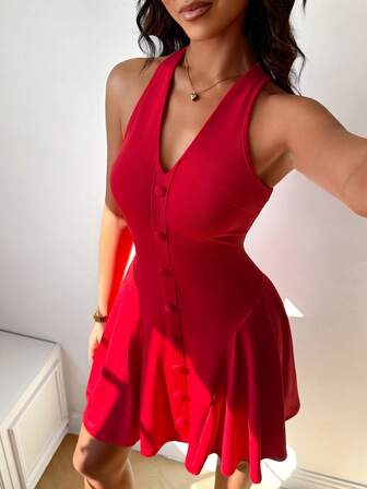 Women's Pure Red Waist Slimming Button A-Line Pleated Mini Dress, High Elastic Fabric, Suitable For Spring, Summer, Autumn And Winter, Fashionable, Young And Versatile, Suitable For Daily Shopping, Festivals, And Commuting,Elegant Red Christmas Dress