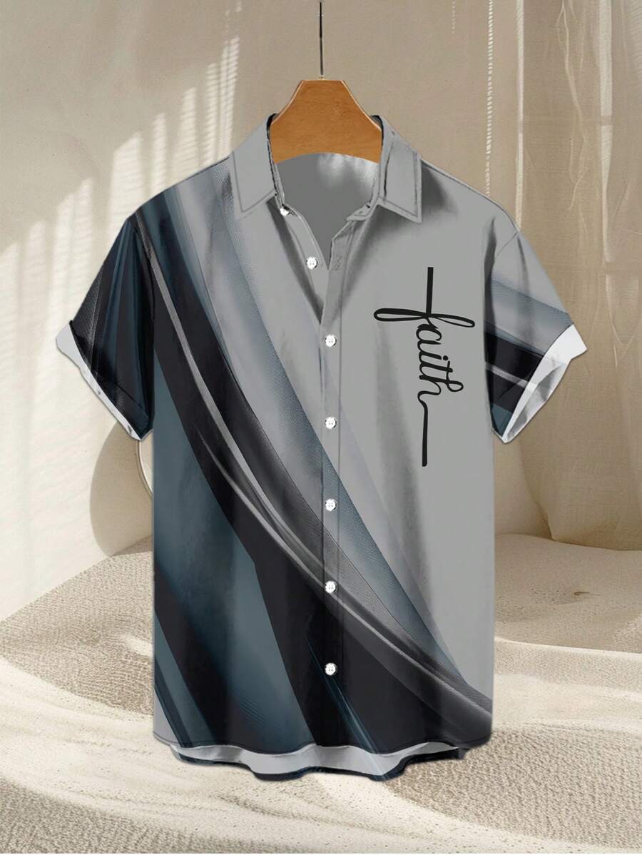 Men's 3D Splicing Text Printed Casual Shirt - Multicolor - View 1