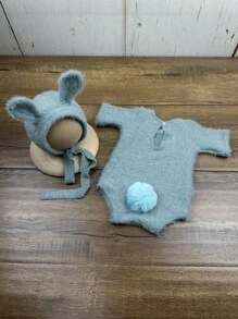 2pcs/Set Newborn Baby Photography Outfit, Soft Mink Velvet Bunny Ear Hat And Romper Set, Infant Growth Photography Props, Gift For Baby Boys & Girls