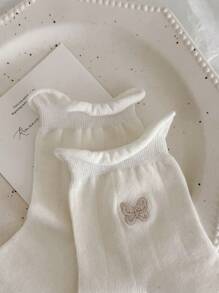 4pcs/Set Women's Nylon Spring/Summer Rolled Edge Cute Bow Embroidery Mid-Calf Socks, Soft Warm Breathable Moisture Wicking, Suitable For Home, Sports, Party, Holiday Gifts