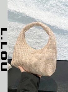 Handwoven Straw Tote Bag, Fashion Woven Crescent Shaped Casual Shoulder Bag, Woven Textured Solid Color Large Tote Bag, Versatile Commuter Handbag, Vacation Essentials, Perfectly Matching With Beach Accessories Women, Hottest Beach Bags