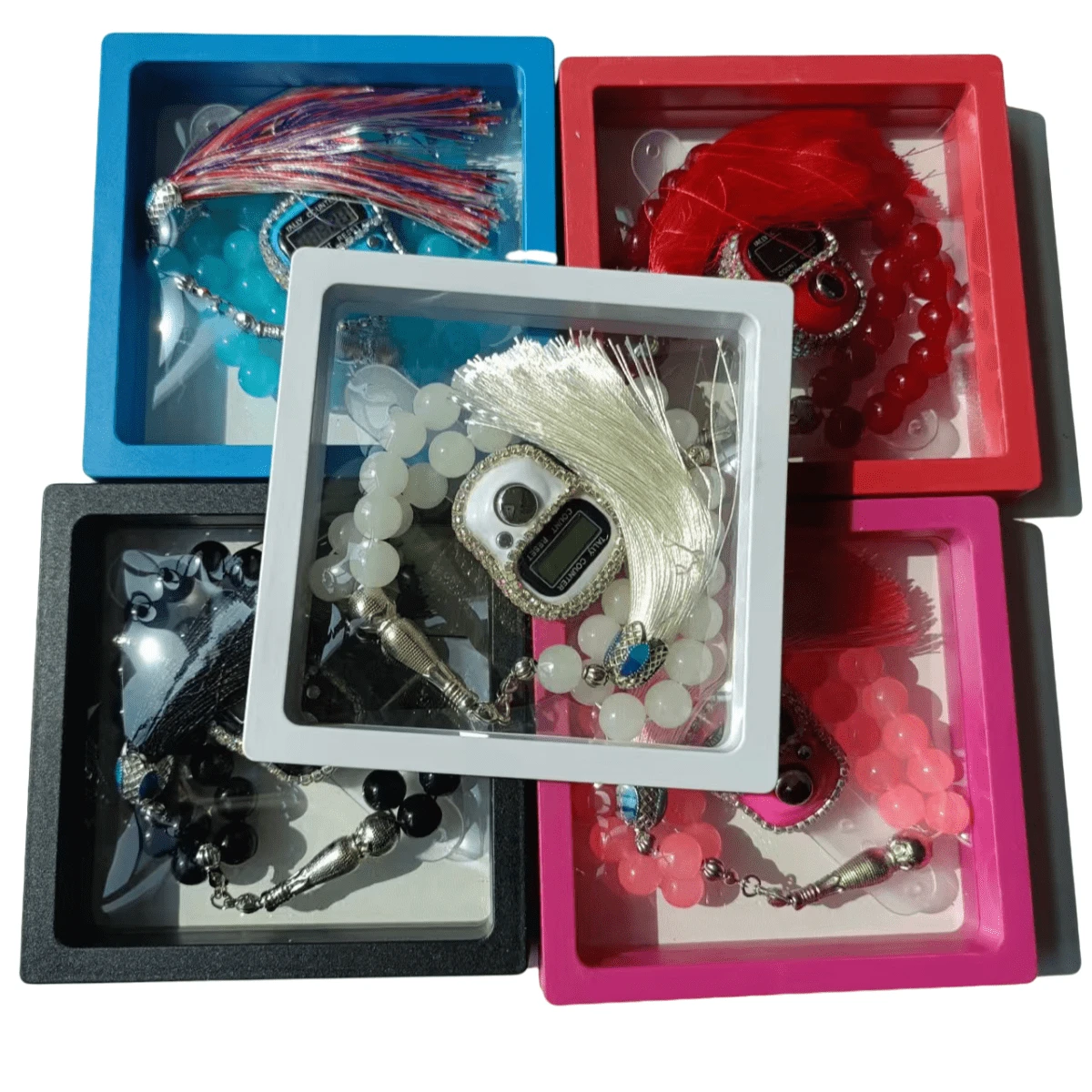 1套33珠吊盒计数器组合外贸礼品套装，十字仿珍珠珠，带多功能电子计数器和时间计数器 - 彩色 - 查看 1