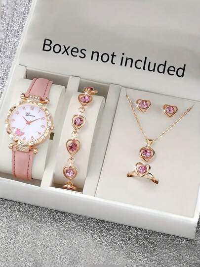 6Pcs Kids Pink PU Alloy Number Whale Design Quartz Watch With Hollow Pendant Necklace Bracelet Ring Earring Jewelry Set - Birthday Gift For Children