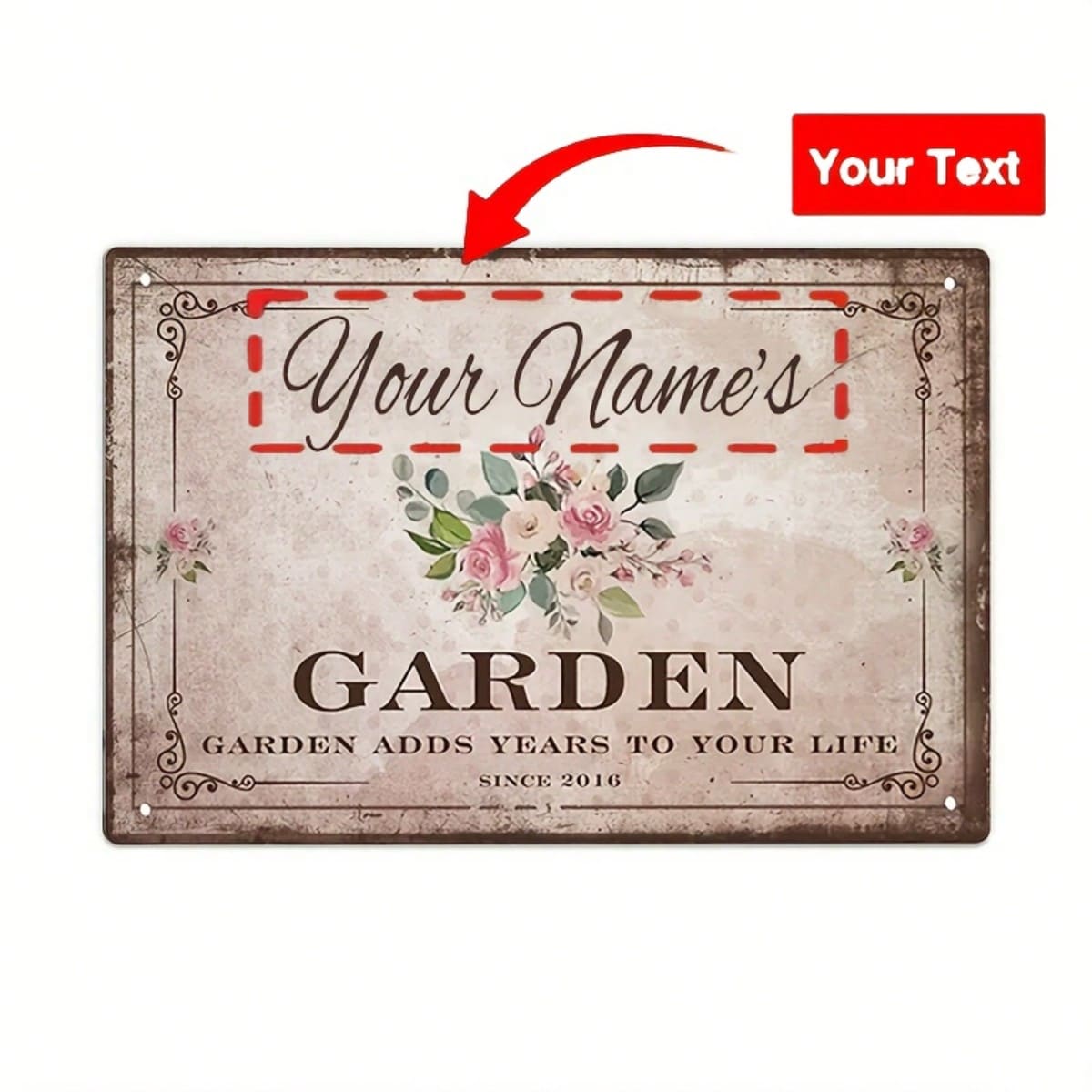 1pc Customized Metal Tin Sign, Your Message Makes Your Garden A Time Machine, Vintage Wall Art Decor, Suitable For Home, Farm, Garden, Backyard, 12" X 8" Gift For Friends And Family - Multicolor - View 1