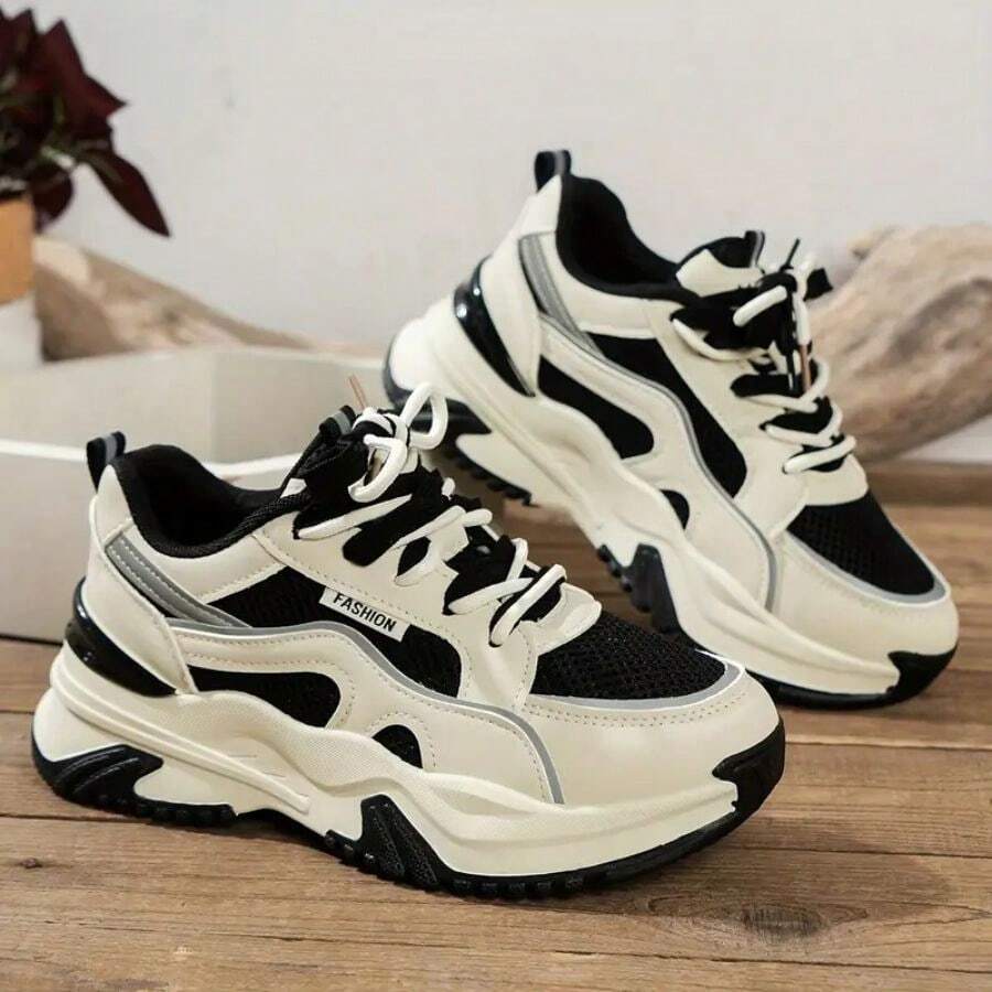 Zapatillas de deporte transpirables de moda para mujer, zapatillas de tenis casuales de suela gruesa - Negro - Ver 1