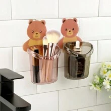 1pc Cartoon Bear Bathroom Organizer Rack, No-Drill Toothbrush Toothpaste Holder Wall Shelf