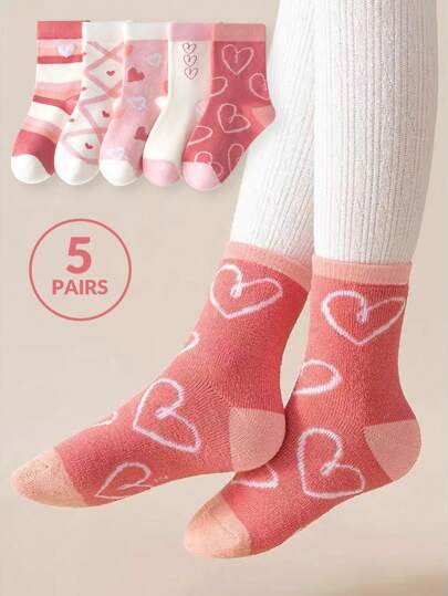 5 pares de meias longas de tubo com estampa de coração para meninas, meias esportivas confortáveis, respiráveis e sem costura para crianças de 0 a 14 anos, adequadas para todas as estações