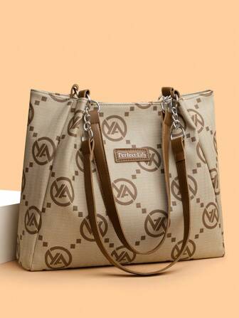 女士时尚双色字母印花大容量手提包，PU 皮革，轻便单肩包