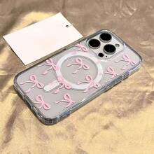 A Phone Case Suitable For IPhone 16 15 14 13 12 11 Pro Max Featuring A Pink Bow Design And Supporting Wireless Charging It Is Made Of Acrylic Material