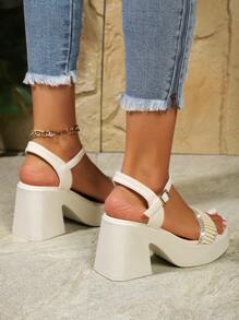 2025时尚水晶装饰高跟凉鞋，厚底灵活，时尚个性化性感厚底休闲运动凉鞋 - 米色 - 查看 6