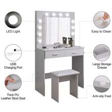 White Dressing Table Set With LED Lights Mirror, Vanity Makeup Table 2 Large Drawers And Stool - Light Grey - View 3