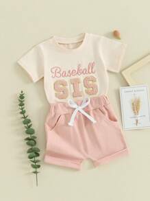 Brother Sister Matching 2Pcs Outfits Set, Letter Embroidery Short Sleeve T-Shirt With Solid Color Shorts - Pink - View 2