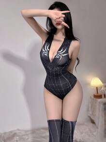 1 set Costume de super-héros sexy pour femme pour la diffusion en direct, la fête, le motif anime, combinaison noire (combinaison*1 Bas cuisse*2) Halloween