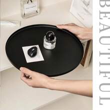 1pc Minimalist Metal Decorative Tray, Round Black Color, Suitable For Potted Plants, Candles, Cosmetics Storage, Desktop Organization