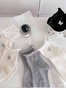 4pcs/Set Women's Nylon Spring/Summer Rolled Edge Cute Bow Embroidery Mid-Calf Socks, Soft Warm Breathable Moisture Wicking, Suitable For Home, Sports, Party, Holiday Gifts