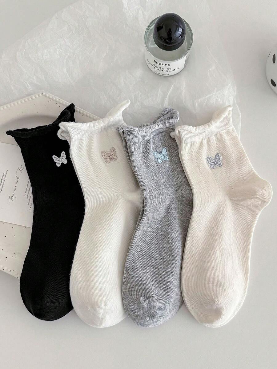 4pcs/Set Women's Nylon Spring/Summer Rolled Edge Cute Bow Embroidery Mid-Calf Socks, Soft Warm Breathable Moisture Wicking, Suitable For Home, Sports, Party, Holiday Gifts