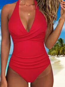 1pc Leaf Print Mixed Color Modest Swimsuit For Women And Girls, Casual Beach Vacation