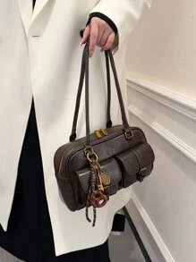 New Bread Knot Pendant Multi-Pocket Pillow Bag, Fashionable Colorful Underarm Bag, Attractive Retro Minimalist High-Quality Women Shoulder Bag, Versatile For Daily, Commute, Shopping, Vintage Style , Office - Coffee Brown - View 7