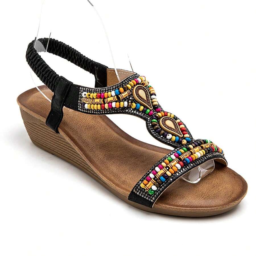 带水钻和装饰扣的厚底凉鞋 - 黑色 - 查看 1