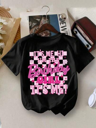 Girls "Birthday Girl" Slogan Print Round Neck Short Sleeve T-Shirt, Casual Tee For Spring/Summer
