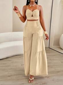 مجموعة قطعتين للنساء من اماريلو ب- توب حلقة ملفوفة وبنطال فضفاض واسع الساق لفصل الصيف