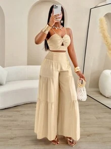 مجموعة قطعتين للنساء من اماريلو ب- توب حلقة ملفوفة وبنطال فضفاض واسع الساق لفصل الصيف