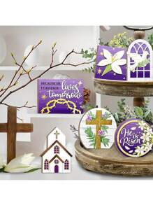 7 stuks Paaslente paarse lelies Hij is opgestaan kantoor posterbord kunstwerk decoratie houten geen gelaagde lade decoratieve bureau feest accessoires plaquette bevestigingen tafelbord, paascadeau voor vrienden (geen lade) terug naar school