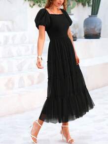 Women's  Summer Pleated Mid-Length Tulle Dress Puffy Short Sleeve Square Collar Ruffled Wedding Guest Graduation Party Dress - Black - View 6