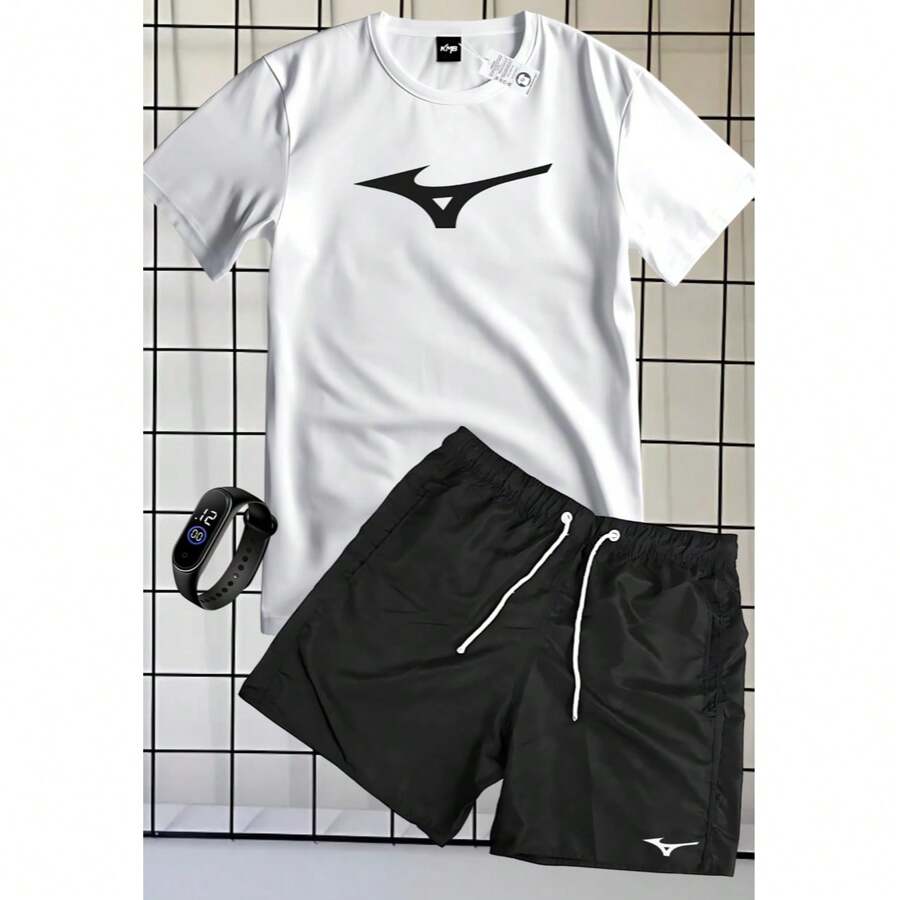 SET OF 100% COTTON SHIRT, SHORT SLEEVE, TACTEL SHORTS, MIZZU PRINT + FREE WATCH - Blanco - Ver 1