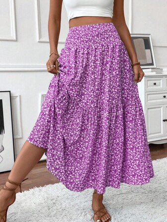 Women's Long Ditsy Floral Skirt, Casual Elastic Waist With Pockets, Ruffle Hem, A-Line Skirt For Summer