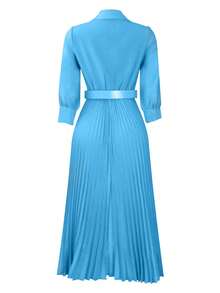 Lightweight Solid Color Pleated Skirt With Belt, Elegant Vintage Dress For Women, Autumn/Winter - Royal Blue - View 9