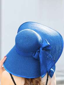 Women's Summer Sunscreen Hat, Beach Straw Hat, Korean Style Student Versatile Summer Ladies Fashionable Large Brim Sun Hat, Stylish Personalized Casual Bohemian Retro Street Elegant Polyester Bowknot Windproof UV Protection Cap, Spring/Summer - Hat - View 14