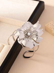1pc Silver Flower Inlaid Pearl Open Bangle Bracelet, Vintage Elegant Fashion Elegant Suitable For Gifts, Parties, And Daily Wear