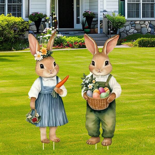 2pcs Classic Easter Bunny & Egg Yard Decoration, Easter Yard Signs With Stakes, Large Cute Rabbits Plastic Outdoor Lawn Garden Decorations