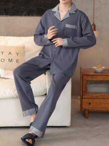 2pcs/Set Men Sleepwear Set, Long Sleeve Collared V-Neck Pocket Color Block Ice Silk Pajama Top And Classic Solid Color Comfortable Long Pants, Casual Fashionable Pajama Set For Men - Grey - View 2