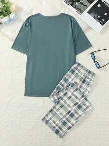 Set Piyama Pria Musim Panas: Atasan Lengan Pendek Tipis Warna Polos dan Celana Motif Kotak-kotak - MultiWarna - View 3