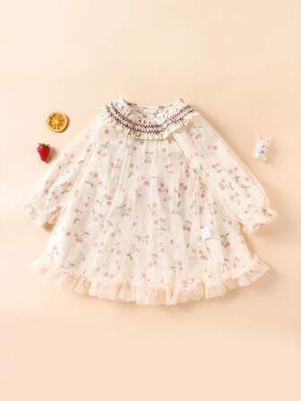 1 pieza Vestido de manga larga con estampado de cerezas dulces y malla, adecuado para primavera y otoño para niñas