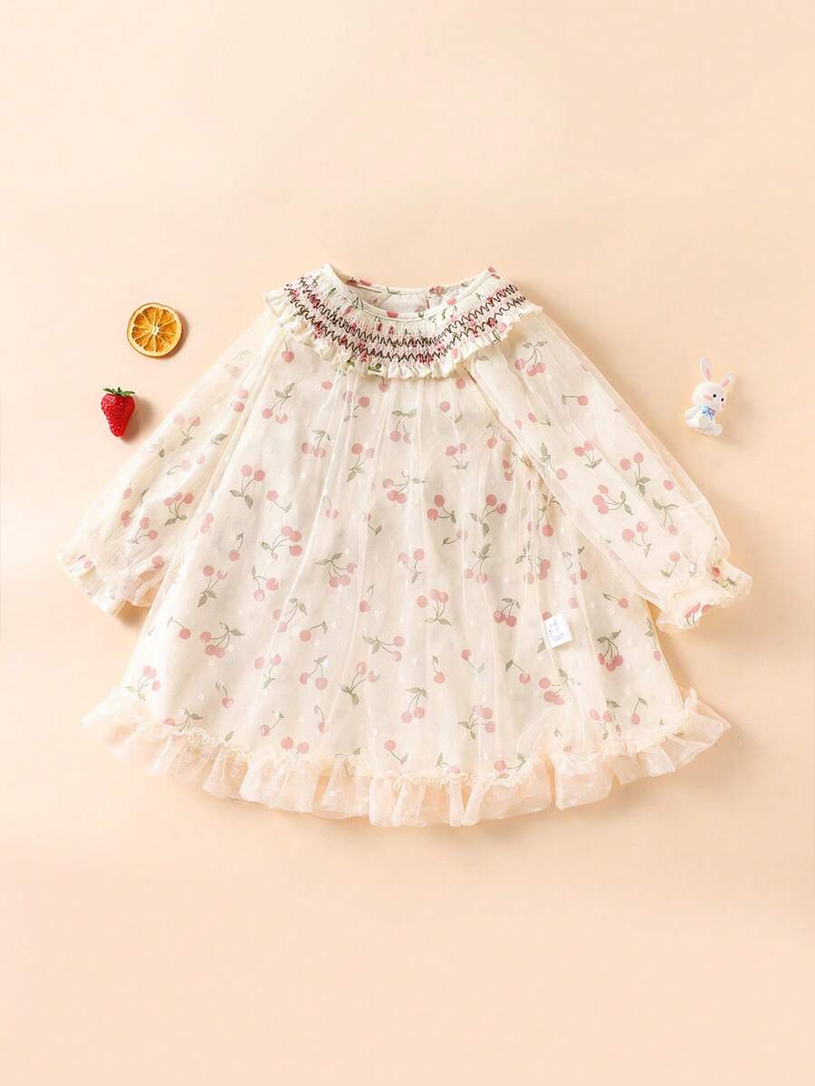 1 件女童甜美樱桃图案印花网眼长袖连衣裙，适合春秋季节